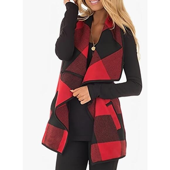 Womens Buffalo Plaid Vest Casual Lapel Open Front Sleeveless Cardigan Size Small - Picture 1 of 12